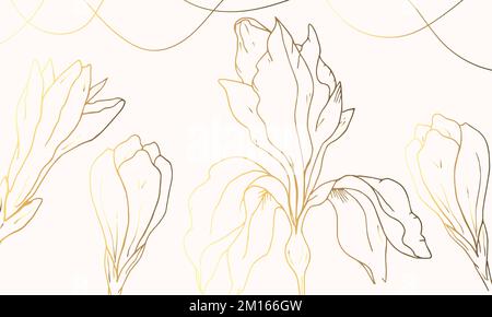 Luxury gold and beige background with plants. Flower outline. Iris. Hand drawn. Minimal art. Vector art Stock Vector