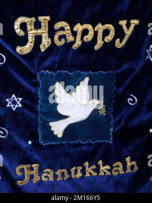 Blue Velvet Happy Hanukkah Banner Showing Dove of Peace Stock Photo