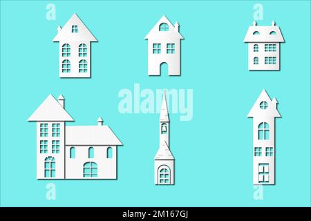 christmas paper cut out houses and church with many windows and chimneys, isolated on turquoise background. All white with a shade that recalls the co Stock Vector