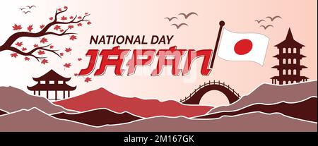 Japan National Foundation Day banner for Independence day 11 February with abstract design, Landmarks, tree roots and geometric background with Flag. Stock Vector