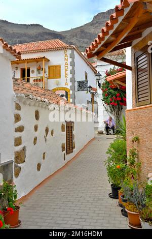 Small narrow street in the mountain village of Fataga with red tiled roofs, potted plants by houses Stock Photo