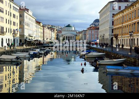 Trieste, Italy. The Canal Grande (English: 'Grand Canal') is a navigable canal located in the heart of the Borgo Teresiano, in the very center of the city of Trieste, Stock Photo
