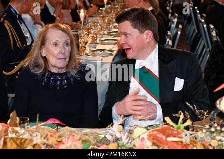 Nobel laureate in literature Annie Ernaux and Speaker of the Parliament Andreas Norlénduring the Nobel Prize Banquet at the Town Hall in Stockholm, Sw Stock Photo