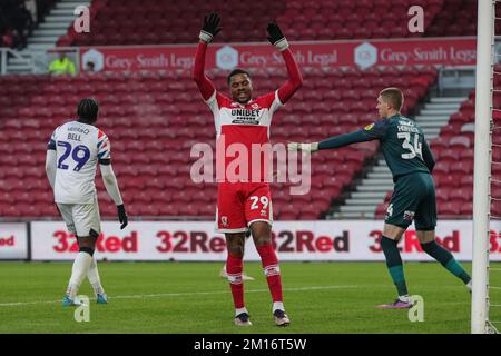 Middlesbrough, UK. 10th Dec, 2022. Chuba Akpom #29 of Middlesbrough reacts during the Sky Bet Championship match Middlesbrough vs Luton Town at Riverside Stadium, Middlesbrough, United Kingdom, 10th December 2022 (Photo by James Heaton/News Images) in Middlesbrough, United Kingdom on 12/10/2022. (Photo by James Heaton/News Images/Sipa USA) Credit: Sipa USA/Alamy Live News Stock Photo