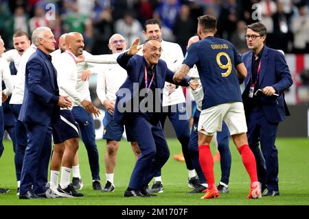 France manager Didier Deschamps, (left) and Olivier Giroud, (right) celebrate their victory at the end of the match during the FIFA World Cup Quarter-Final match at the Al Bayt Stadium in Al Khor, Qatar. Picture date: Saturday December 10, 2022. Stock Photo