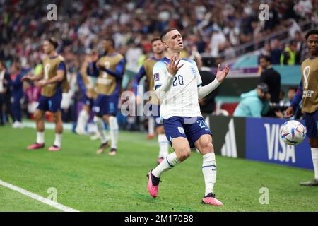 Al Khor, Qatar. 10th Dec, 2022. Phil Foden of England reacts during the Quarterfinal between England and France at the 2022 FIFA World Cup at Al Bayt Stadium in Al Khor, Qatar, Dec. 10, 2022. Credit: Li Ming/Xinhua/Alamy Live News Stock Photo