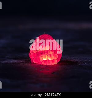 isolated illuminated raspberry on dark slate background. view from above with copy space for text Stock Photo