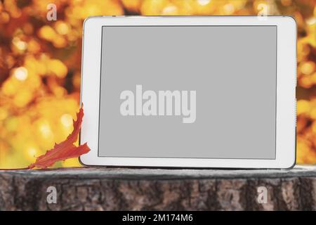 Tablet with a blank screen on a stump in the autumn park. Template for design or advertising. Stock Photo