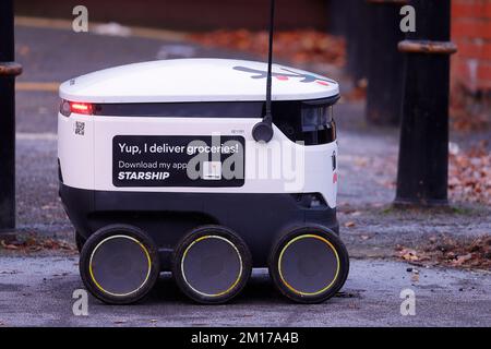 Starship Technologies grocery delivery robots decorated as reindeers whilst out on deliveries inAdel, Leeds over the Christmas period. Stock Photo