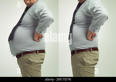 Less fat, more me. Before and after studio shot of a businessmans weight loss. Stock Photo