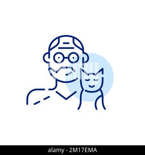 Middle-aged man and his kitten. Pet lover icon. Pixel perfect, editable stroke design  Stock Vector