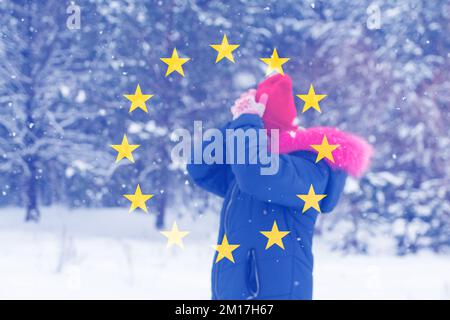 Defocus cold winter in European Union country. The concept of the energy crisis and the increasing demand for electricity. EU flag snow holiday. Out Stock Photo