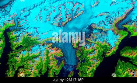 Aerial view of the beautiful colors from the Columbia Glacier in Alaska. Digitally enhanced. Elements of this image furnished by NASA. Stock Photo