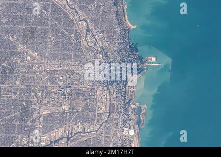 Aerial view of Chicago, Illinois as seen from space. Digitally enhanced. Elements of this image furnished by NASA. Stock Photo
