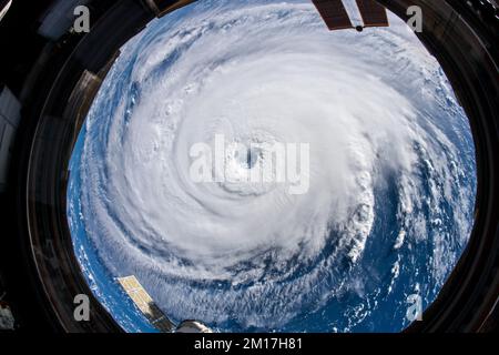 Satellite view of Hurricane Florence over the Atlantic Ocean. Digitally enhanced. Digitally enhanced. Elements of this image furnished by NASA. Stock Photo