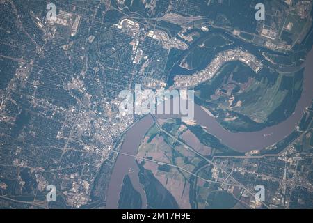 Aerial view of Memphis, Tennessee and the Mississippi River as seen from space. Digitally enhanced. Elements of this image furnished by NASA. Stock Photo