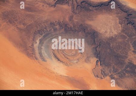 Aerial view of Richat Structure in Mauritania. Also Guelb er Richât in Arabic Qalb ar-Rīšāt.  Digitally enhanced. Elements of image furnished by NASA Stock Photo