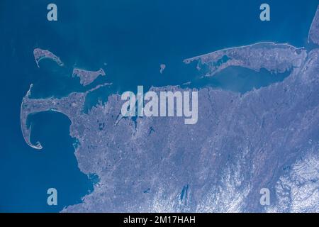 Aerial view of Cape Cod, Massachusetts and Long Island, New York from space. Digitally enhanced.  Elements of this image furnished by NASA. Stock Photo