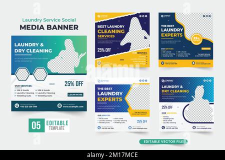 Laundry service social media post collection with dark and yellow colors. Laundry and dry cleaning service template bundle for marketing. Cloth washin Stock Vector