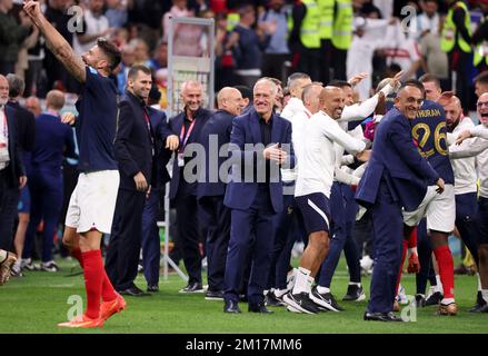 Coach of France Didier Deschamps and his staff celebrate the victory following the FIFA World Cup 2022, Quarter-final football match between England and France on December 10, 2022 at Al Bayt Stadium in Al Khor, Qatar - Photo Jean Catuffe / DPPI Credit: DPPI Media/Alamy Live News Stock Photo