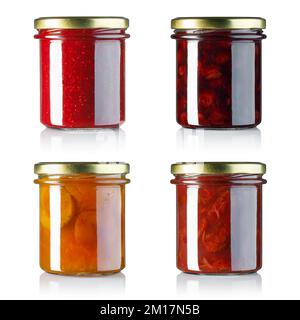 set of jam in glass jars with metallic lids isolated on white Stock Photo