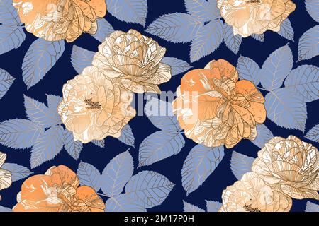 Floral repeating pattern of roses in sandy brown color and light blue leaves on dark blue backdrop. Wallpaper design for textiles, papers, prints, fashion, card background, beauty products. Stock Vector