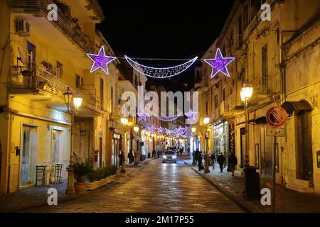 Pagani, Salerno, Italy. 8th Dec, 2022. Pagani, Salerno, Italy - December 08, 2022 : Feast of the Immaculate Conception. The Immaculate Conception of Mary was formally made official in 1854 with a papal bull signed by Pope Pius IX entitled Ineffabilis Deus, with which it was established that the mother of Jesus was born pure and was conceived in the womb completely free of sin, and therefore immaculate. It's the party that starts the Christmas season.Seen the Christmas decorations along the streets of the old town. (Credit Image: © Pasquale Senatore/Pacific Press via ZUMA Press Wire) Stock Photo