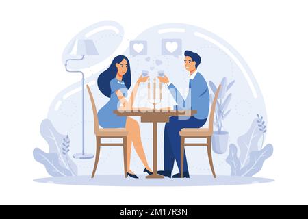 Happy couple in love on romantic date sitting at table and drinking wine, tiny people. Romantic date, romantic relationship, love story concept. flat Stock Vector