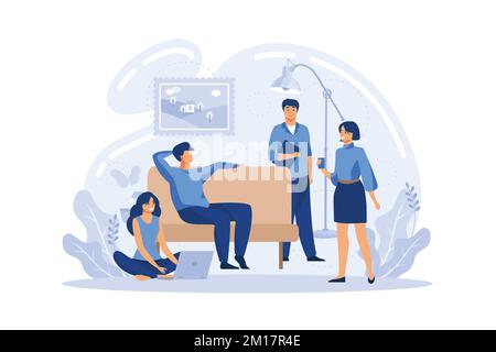Group of friends sitting at the table talking, drinking coffee and tea, tiny people. Friends meeting, cheer up friend, friendship support concept. fla Stock Vector