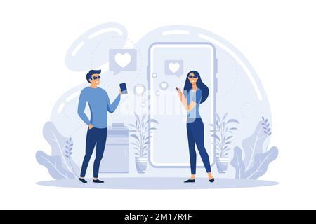 Man and woman using online dating app on smartphone and meeting at table, tiny people. Blind date, speed dating, online dating service concept. flat v Stock Vector