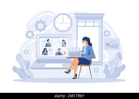 Distance working. Distance office, working from home, remote job possibility, communication technology, online team meeting, digital nomad abstract me Stock Vector