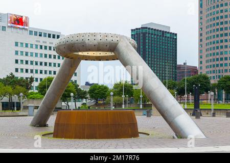 The Horace E. Dodge and Son Memorial Fountain in Philip A. Hart Plaza in Downtown Detroit, USA. It is dedicated to the founder of Dodge automobiles. Stock Photo