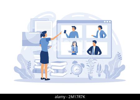 Distance working. Distance office, working from home, remote job possibility, communication technology, online team meeting, digital nomad abstract me Stock Vector