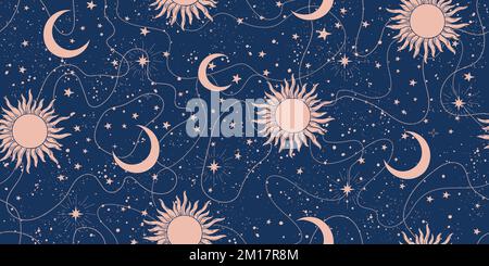 Seamless celestial background with stars, sun and moon. Blue seamless astrological pattern for tarot, boho ornament for zodiac. Vector Illustration Stock Vector