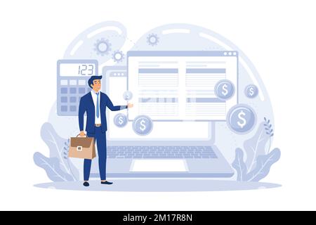 Tax software program. Desktop tax filing software, mobile app and online service, income statement, IRS form. flat vector modern illustration Stock Vector