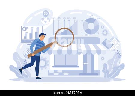 Marketers with magnifier research marketing opportunities chart. Marketing research, marketing analysis, market opportunities and problems concept. fl Stock Vector