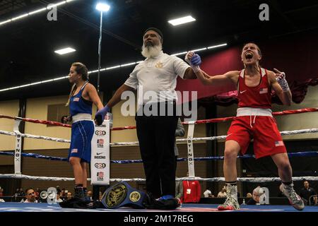 Lubbock, TX, USA. 10th Dec, 2022. Jennifer Lozano of Laredo, TX is declared the winner of her championship bout with Kayla Gomez of El Paso, TX. (Credit Image: © Adam DelGiudice/ZUMA Press Wire) Credit: ZUMA Press, Inc./Alamy Live News Stock Photo