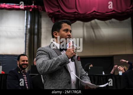 Lubbock, TX, USA. 10th Dec, 2022. The ring announcer introduces the contestants for a bout on championship day. (Credit Image: © Adam DelGiudice/ZUMA Press Wire) Credit: ZUMA Press, Inc./Alamy Live News Stock Photo