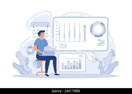 Tiny business analysts discussing ideas at laptop with data. Data initiative, occupation in metadata study, data driven startup concept. flat vector m Stock Vector
