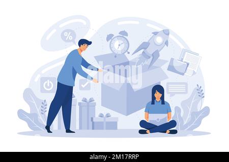 Metaphor set marketing model. Free period, bundle set. Freemium, subscription and bundling models. Promotion modeling digital processes concept. flat Stock Vector