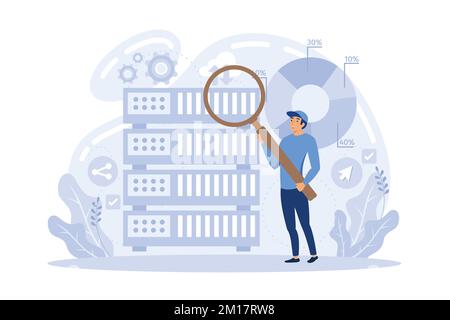 Developer with magnifying glass working with big data and zigzag arrow. Digital analytics tools, data storage and software engineering concept. flat v Stock Vector
