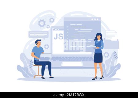 Programmers using JavaScript programming language on computer, tiny people. JavaScript language, JavaScript engine, JS web development concept. flat v Stock Vector