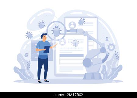 Laptop and software assisting in testing process, tiny people testers. Automated testing, automotive executed test, software auto tester concept. flat Stock Vector