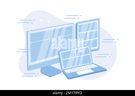Adaptive web design. Responsive website for computer, laptop and tablet modern gadgets. Webpage development, optimization, programming. flat vector mo Stock Vector