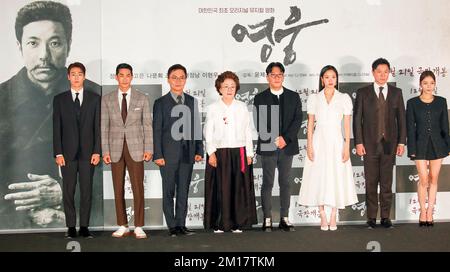 Lee Hyun-Woo, Bae Jung-Nam, Jo Jae-Yun, Na Moon-Hee, Yoon Je-Kyoon, Kim Go-Eun, Chung Sung-Hwa and Park Jin-Joo, Dec 8, 2022 : (L-R) Lee Hyun-Woo, Bae Jung-Nam, Jo Jae-Yun, Na Moon-Hee, director Yoon Je-Kyoon, Kim Go-Eun, Chung Sung-Hwa and Park Jin-Joo pose for photographers after a press preview of the movie 'Hero' in Seoul, South Korea. The upcoming South Korean musical drama film is about Korean independence fighter Ahn Jung-Geun (1879-1910) who assassinated on October 26, 1909, Ito Hirobumi, Japan's first prime minister and resident-general of Korea at Harbin station in northern China. Ah Stock Photo
