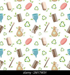 Zero waste concept seamless pattern with different ecological personal hygiene items. Sustainable lifestyle, ecological concept. Zero waste concept. V Stock Vector