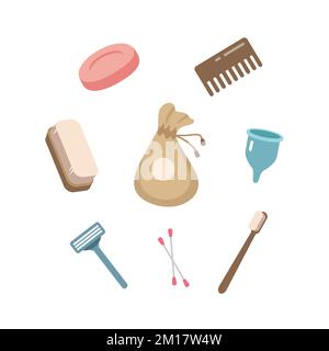 Zero waste concept. Set of ecological personal hygiene items - wooden toothbrush, comb, brush, menstrual cup, solid soap, cotton bag, ear sticks. Vect Stock Vector