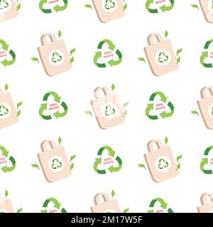 Zero waste concept seamless pattern with eco bag and recycling sign. Ecological concept. Sustainable lifestyle, ecological concept. Vector illustration in flat cartoon style Stock Vector
