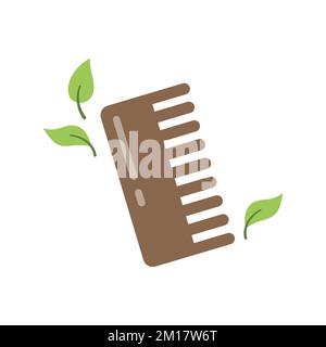 Wooden hair comb with leaves. Personal hygiene, sustainable lifestyle, zero waste, ecological concept. Vector illustration in cartoon style. Recycling, waste management, ecology, sustainability. Stock Vector