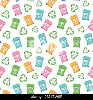 Zero waste concept seamless pattern with garbage bins and recycling sign. Sustainable lifestyle, ecological concept. Vector illustration in cartoon st Stock Vector